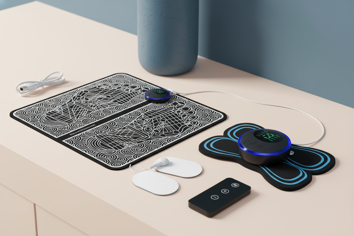 Electric foot massager, electric muscle massager, and intelligent remote control arranged on a cream surface with a subtle sl